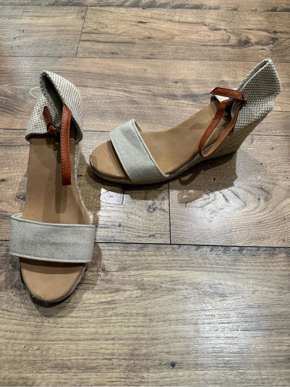 BAMBOO Beige Canvas Espadrille Wedge Sandals with Brown Ankle Strap